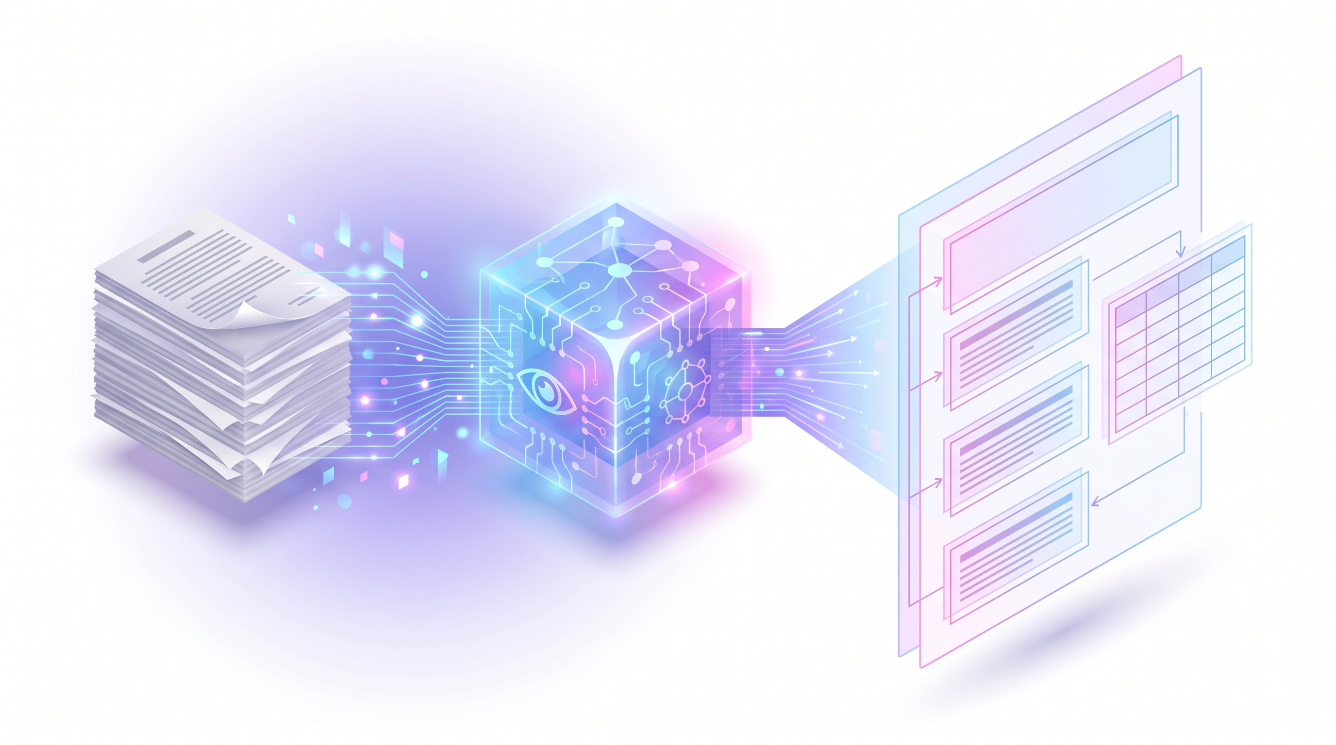 Conceptual pipeline: a stack of document pages flows through a glowing vision encoder into a structured document of outlined regions and a table grid