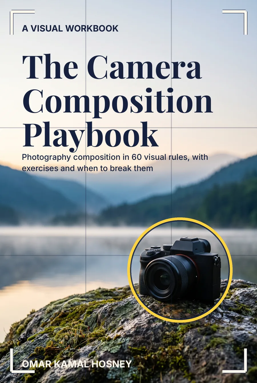Cover of The Camera Composition Playbook: a misty mountain lake with a camera on a mossy rock inside a yellow circle, over a rule-of-thirds grid