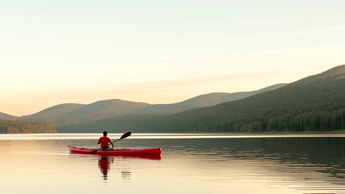The same kayak on the left third of the frame, with open water ahead of it