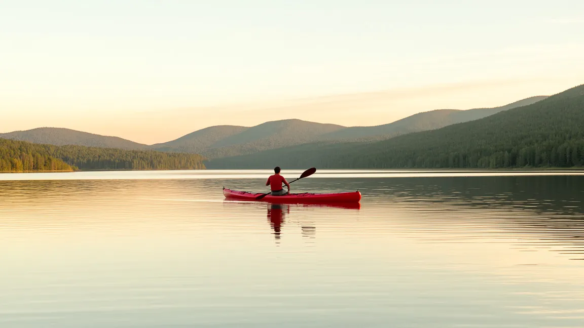 A red kayak on a calm lake, placed in the centre of the frame