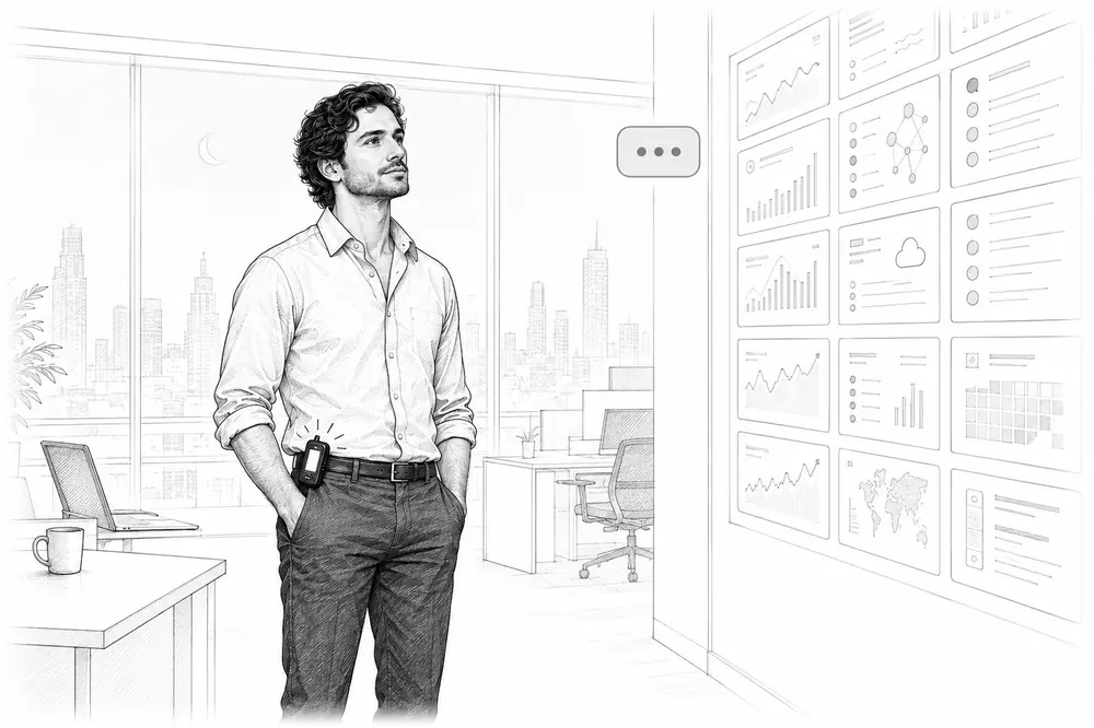 A developer stands in a bright open-plan office looking at a wall of dashboards while the pager on his belt lights up.