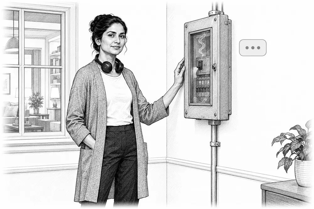 A woman beside a fuse box with its switch off while the house lights stay on.