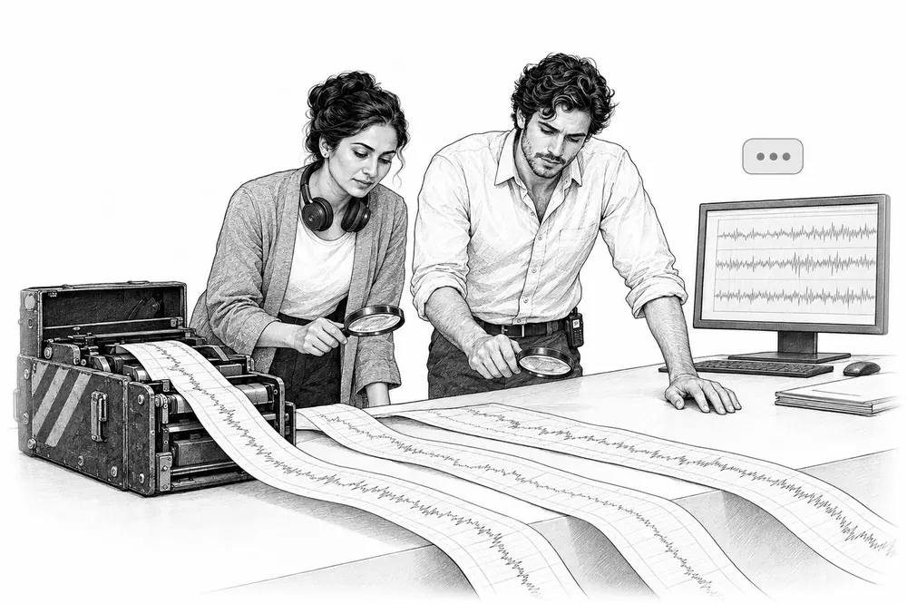 Two colleagues lean over long paper recording strips pulled from a flight recorder, examining them with magnifying lenses.