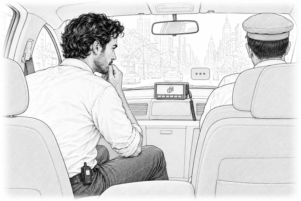 View from the back seat of a taxi: a passenger watches the fare meter as the driver steers through a city street.