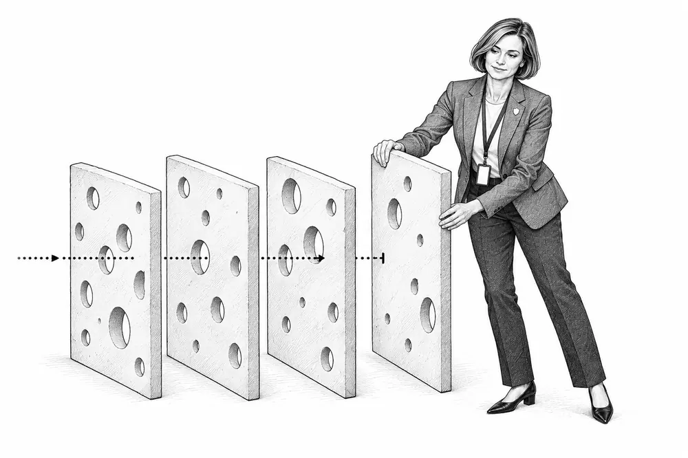 A woman places a slice into a row of four Swiss-cheese slices; a dotted arrow passes three holes and stops at the solid fourth.